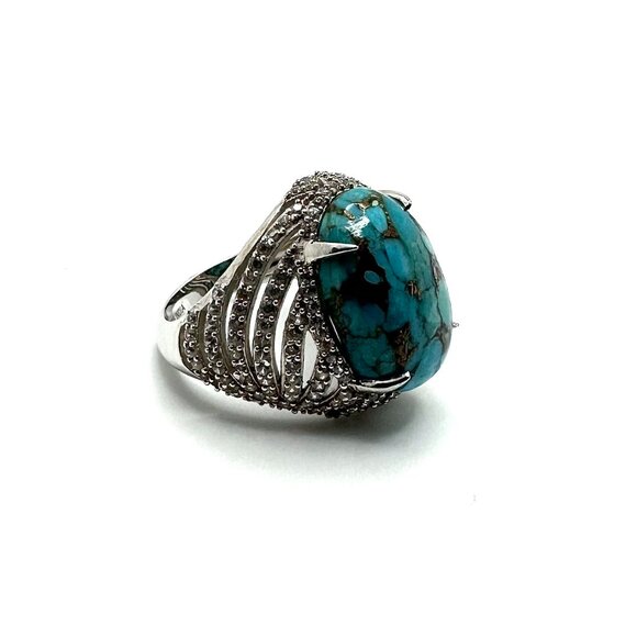 Affinity Gems Sterling Silver Blue Turquoise & White Zircon Cocktail Ring Size 7 - Picture 2 of 5